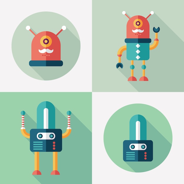 Robots flat round and square icons set with long shadows.