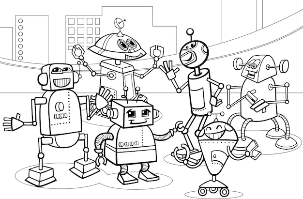 Vector robots group cartoon coloring page