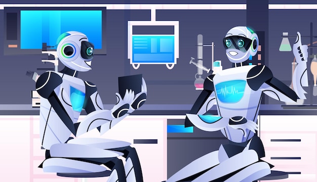 Robots holding test tube with liquid robotic chemists making experiments in lab genetic engineering artificial intelligence technology concept horizontal portrait vector illustration