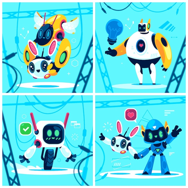 Robots illustrations in flat cartoon style