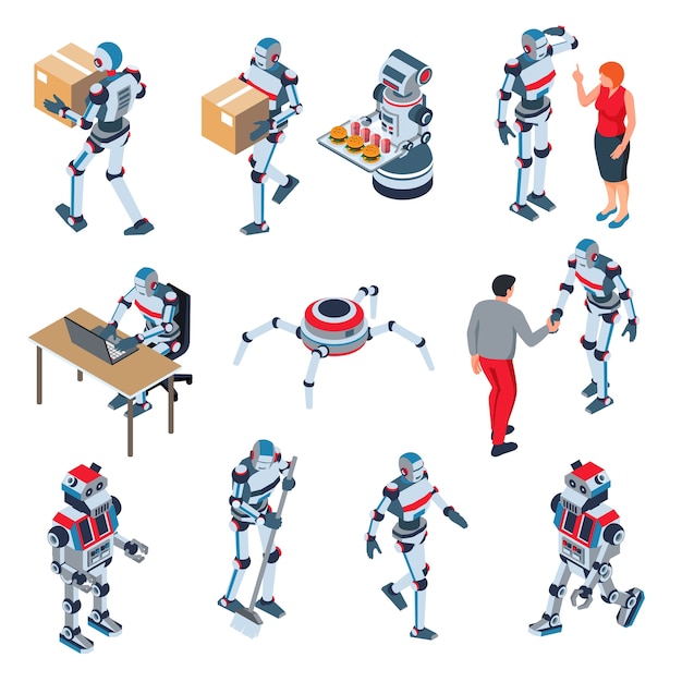 Vector robots isometric cartoon icons set