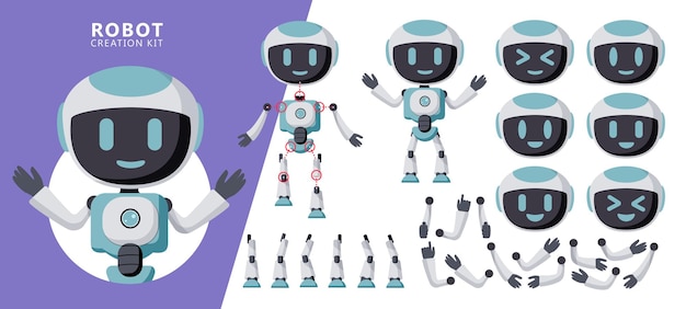 Robots karakter creatie kit vector set. robot bewerkbare karakters met armen en benen poseren.