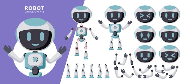 Robots karakter creatie kit vector set. Robot bewerkbare karakters met armen en benen poseren.