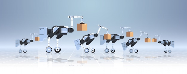 Robots laden kartonnen dozen hi-tech slimme fabriek magazijn logistiek automatisering technologie concept moderne robot stripfiguren plat horizontale banner