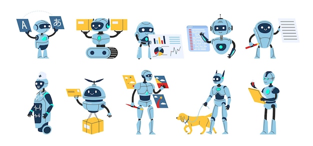 Robots op het werk Bots voor vertaling pakket of post bezorging programmering taken gezondheidszorg hulp gegevensanalyse en onderzoek generatieve kunst en huisdieren metgezel vector illustratie set