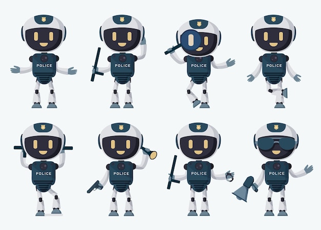 Robots politie karakter vector set. Politie robot officier permanent en geïsoleerd op witte achtergrond.