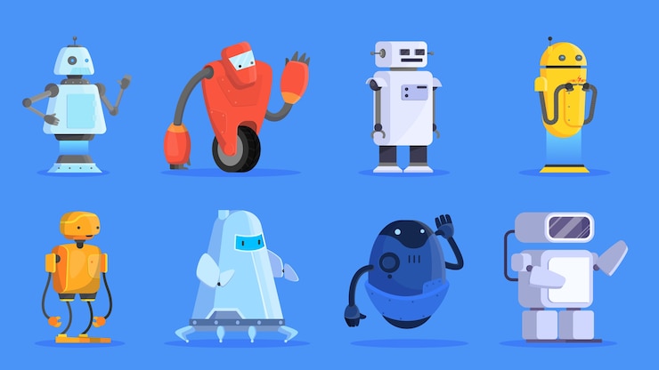 Vector 로봇 세트. 다양한 모양의 미래 캐릭터 그룹