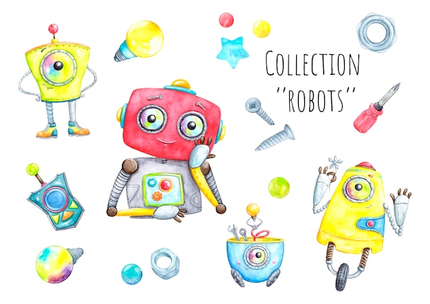 Robots set of watercolor illustrations