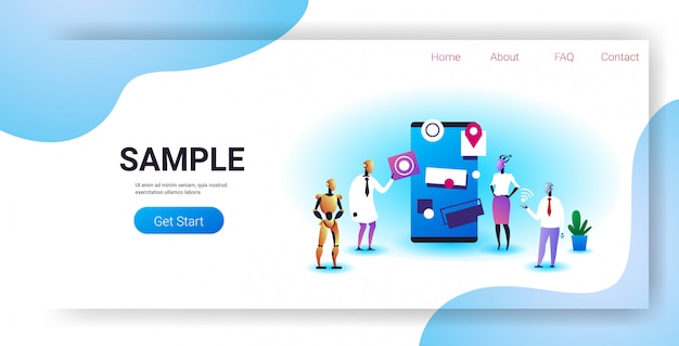 Vector robots team working in software develop user interface development artificial intelligence technology concept smartphone screen horizontal full length copy space