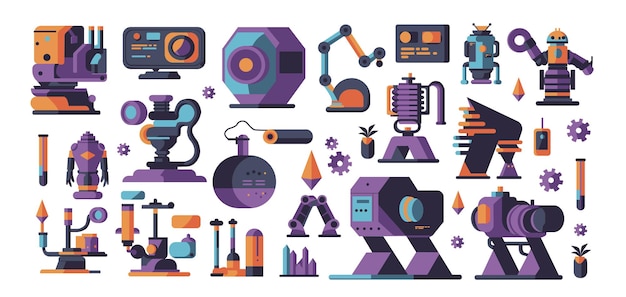 Vector robots and technology vector illustration set artificial intelligence and sci fi futuristic machine