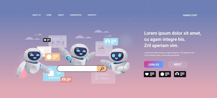Vector robots using web browser robotic characters searching information web page data analyzing online network search engine optimization artificial intelligence technology concept copy space horizontal vec
