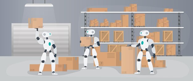 Vector robots work in a manufacturing warehouse. robots carry boxes and lift the load. futuristic concept of delivery, transportation and loading of goods. large warehouse with boxes and pallets. vector.