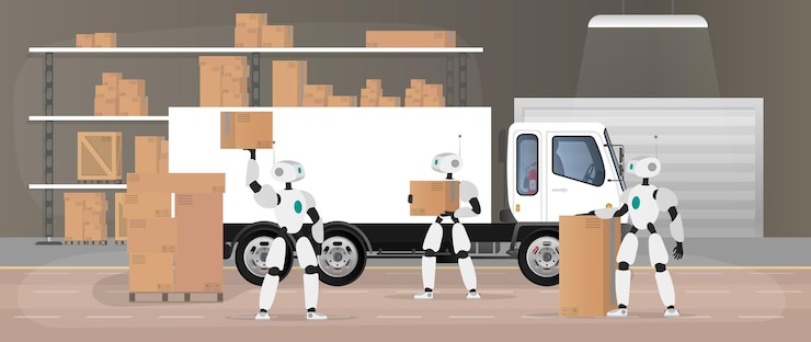 Vector robots work in a manufacturing warehouse. robots carry boxes and lift the load. futuristic concept of delivery, transportation and loading of goods. large warehouse with boxes and pallets. vector.