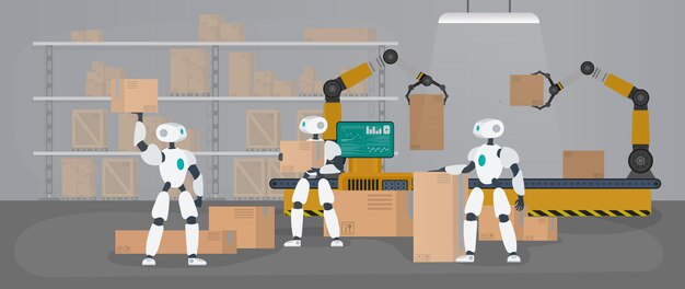 Robots work in a manufacturing warehouse. 