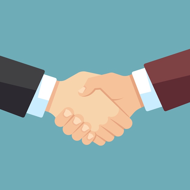 Robust handshake of businessmen. Business team, agreement and big deal vector flat 