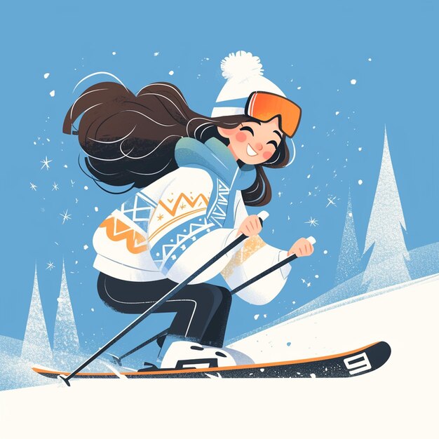 Vector a rochester girl rides an alpine ski in cartoon style