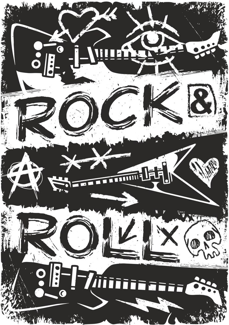 Rock and roll grafiek met gitaren en symbolen