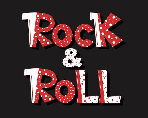 Rock and roll, rode en witte handgeschreven letters op een zwarte achtergrond. Afdrukken, illustratie