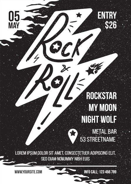 Vector rock and roll zwart wit vector banner ontwerp voor muziekconcert. bliksem retro print poster voor muzikant. reclamebladsjabloon met tekst voor evenement. creatieve omslagachtergrond