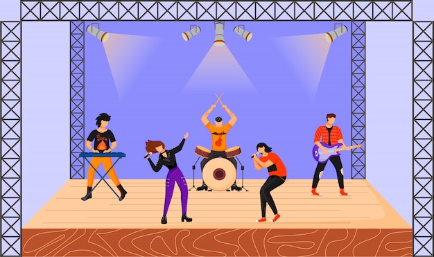 Vector rock band flat illustration. music group with two vocalists performing at concert. musicians playing together on stage. live musical performance. festival. cartoon characters