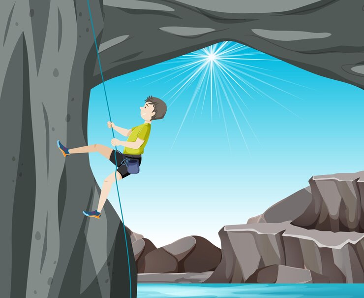 Vector rock climber on cliff outdoor scene