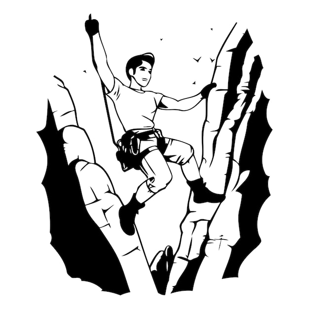 Vector rock climber climbing on a cliff vector illustration in retro style