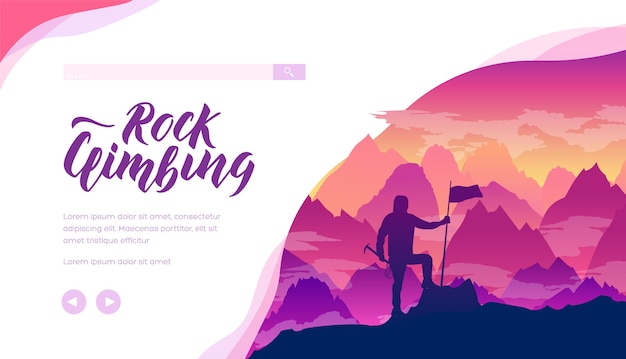 Vector rock climbing landing page template. extreme sports, activities web banner layout with text space.