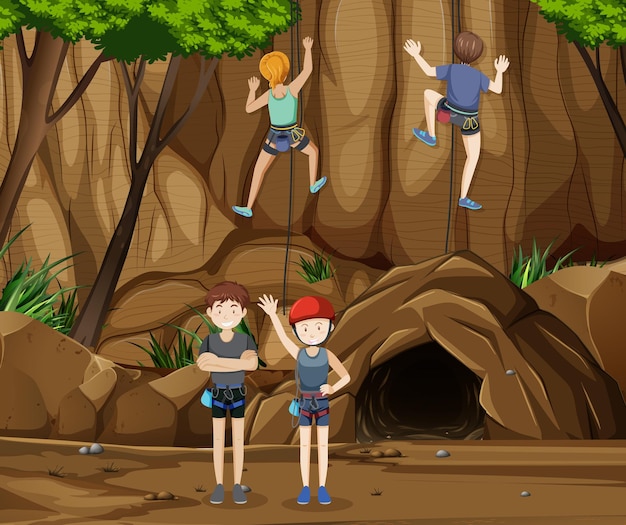 Rock climbing scene with people climbing the cave