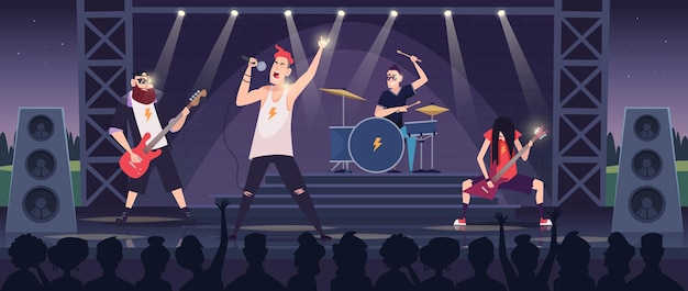 Вектор Рок-концерт развлечения с музыкантами с рок-гитарами точный векторный мультяшный фон с персонажами музыкальной группы концертная музыка и развлекательная иллюстрация