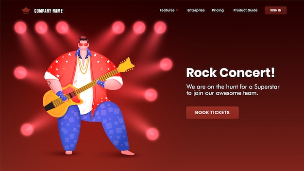 Rock concert landing page design with illustration of man playing guitar and spotlight focus