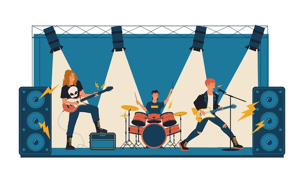 Rock concert metal band playing music on stage illuminated by spotlights youth musical festival popular people singing with microphone and sound equipment vector group of musicians