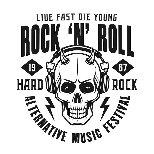 Rock festival emblem with skull in headphones