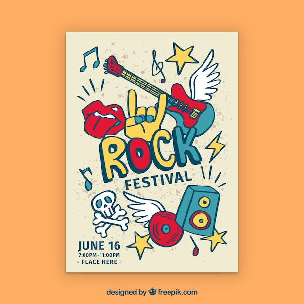 Vettore manifesto del festival rock con stile disegnato a mano