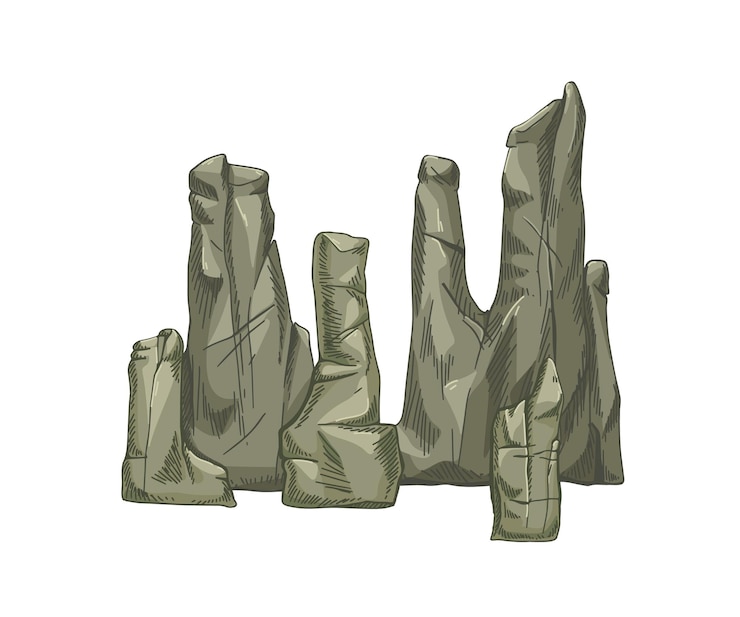 Vector rock formations. big solid stone group. rough rocky composition. mountain sedimentary fossils. large sediment boulders. realistic hand-drawn vector illustration isolated on white background