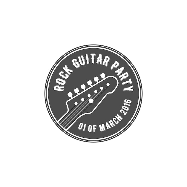Rock guitar party vector label, badge, emblem logo with musical instrument. stock vector illustration isolated on white background.