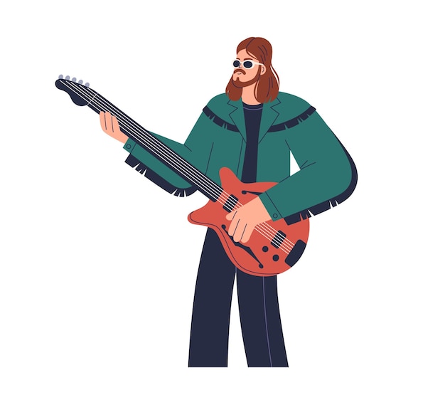 Vector rock guitarist playing electric guitar. man, grunge musician performing music on string instrument. rocker player in sunglasses, jacket. flat vector illustration isolated on white background.