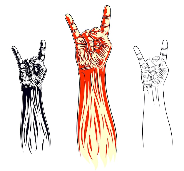 Vector rock hand sign, hot music rock and roll gesture, hard rock festival concert or club, vector label emblem or logo, musical instruments shop or recording studio.