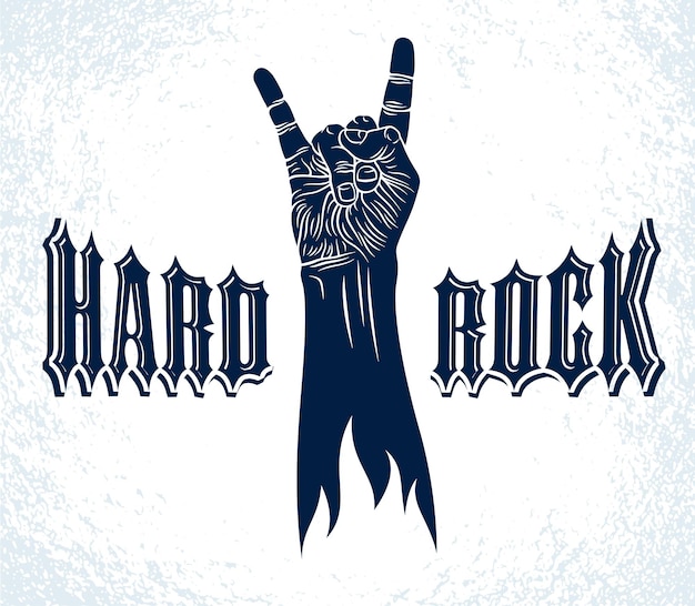 Segno della mano rock, gesto rock and roll di musica calda, concerto o club dell'hard rock festival, emblema o logo dell'etichetta vettoriale, negozio di strumenti musicali o studio di registrazione.