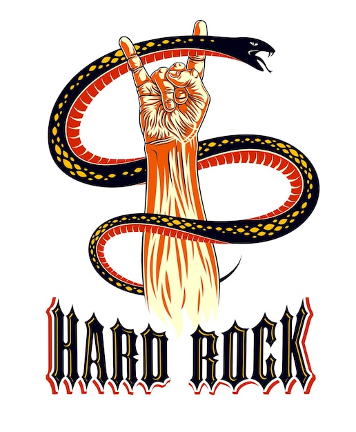 Rock hand sign with aggressive snake, hot music rock and roll gesture and serpent, hard rock festival concert or club, vector label emblem or logo, musical instruments shop or recording studio.