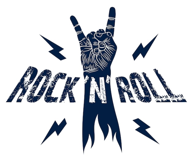 Vettore segno della mano rock con fulmini, musica calda gesto rock and roll, concerto o club dell'hard rock festival, emblema o logo dell'etichetta vettoriale, negozio di strumenti musicali o studio di registrazione.