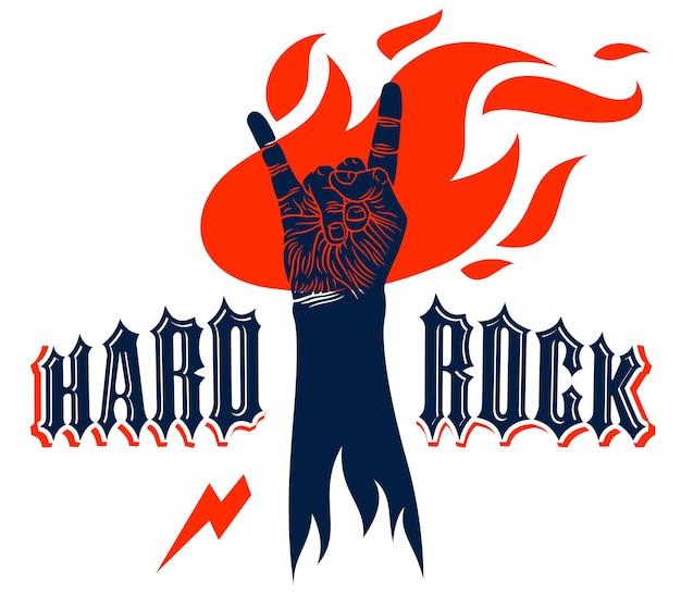 Rock hand teken in brand, hete muziek rock and roll gebaar in vlammen, hard rock festival concert of club, vector label embleem of logo, muziekinstrumenten winkel of opnamestudio.