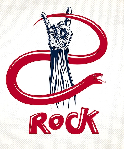 Rock hand teken met agressieve slang, hete muziek rock and roll gebaar en slang, hard rock festival concert of club, vector label embleem of logo, muziekinstrumenten winkel of opnamestudio.