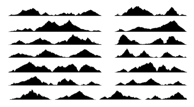 Sagome nere di colline rocciose e montagne alpi con cime sommitali forme di paesaggi rocciosi gamma vettoriale isolata di creste monocromatiche insieme di maestosi elementi del paesaggio naturale per l'arrampicata o l'escursionismo