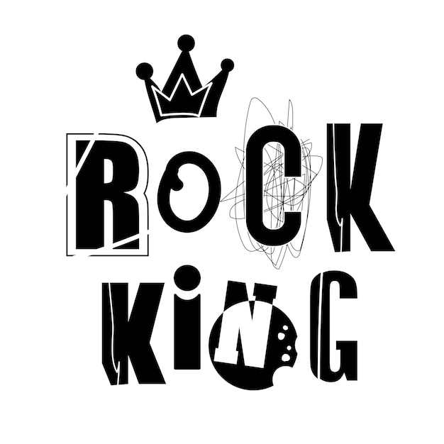 Rock King은 손으로 그린 글자 비문입니다. 스케치 스타일의 왕관, 낙서. 펑크, 록