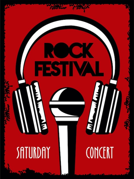 Rock live festival belettering poster met koptelefoon en microfoon