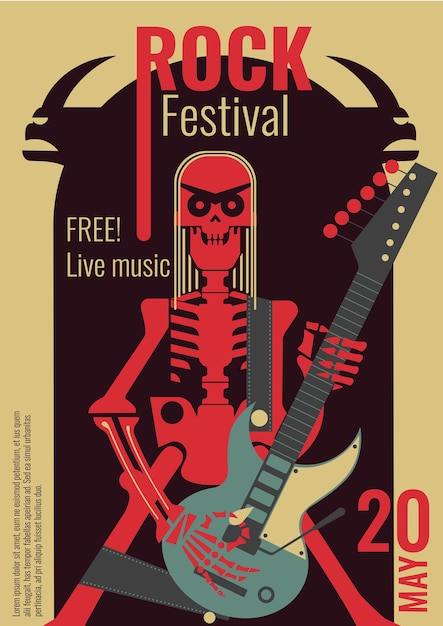 Vector rock live festivalaffiche voor gratis toegangsbiljet tot rockconcert.
