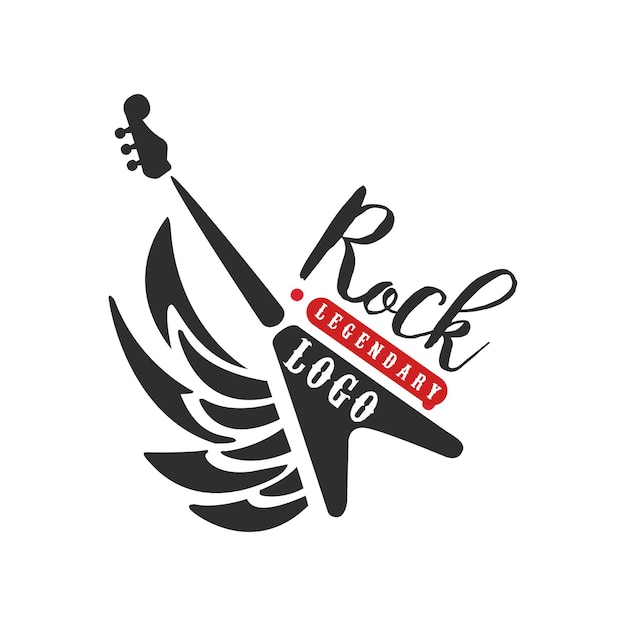 Rock logo black and red emblem for rock club or festival with electric guitar vector illustration on