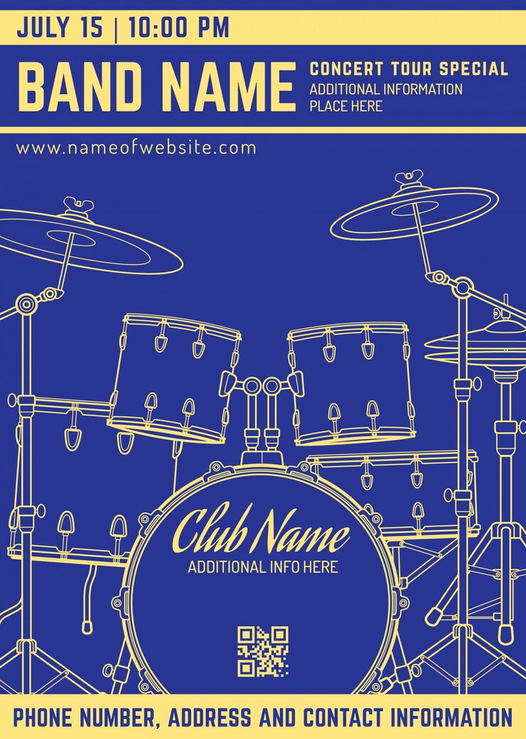 Vector rock music concert drum set vertical music flyer template