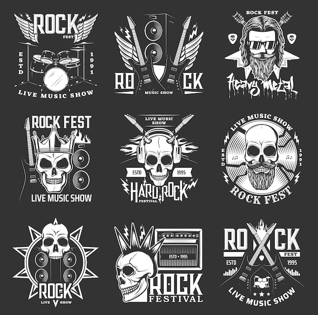 Rock music festival icons, hard rock skull and guitar badges and emblems