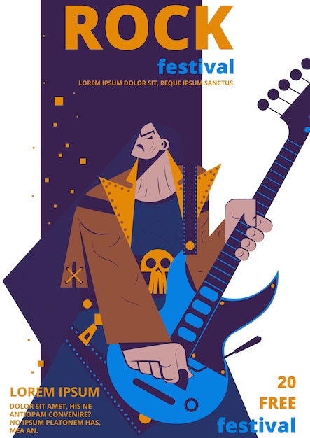 Manifesto del festival di musica rock. cartello di concerto rocker o fumetto piatto biglietto d'ingresso